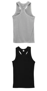 Front and back views of grey and black men's ribbed racerback tank tops