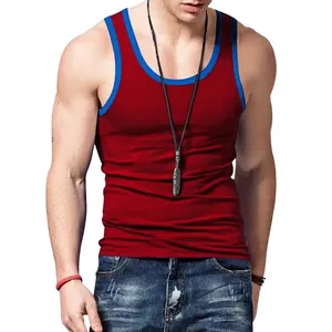 Premium slim-fit men's red tank top featuring blue contrast trim and a casual sporty design