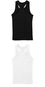 Detailed view showing men's ribbed slim fit racerback tank tops in black and white colors