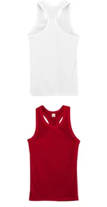 Detailed view of white and red ribbed cotton racerback tank tops for men