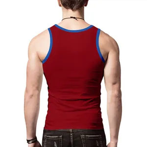 Men's slim fit athletic tank top in red and blue contrast trim, detailed back view