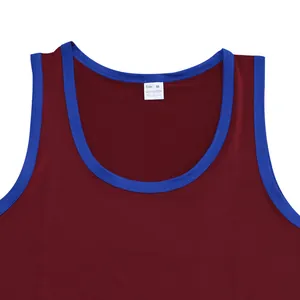 Detail of men's slim fit sports tank top in maroon with blue trim and neck label