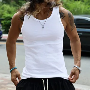 Premium white slim fit ribbed tank top for men featuring an American casual sporty style