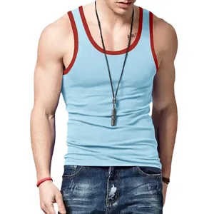 Men's athletic slim fit ribbed tank top in light blue with stylish red contrast trim