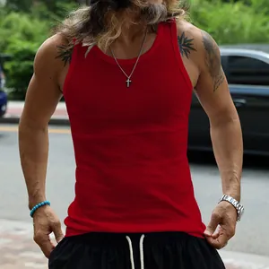 Men's premium red slim fit ribbed tank top for summer casual sports and street style wear