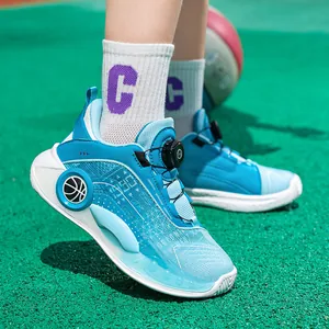 Zapatillas de baloncesto azules para niños con malla transpirable y cierre rápido