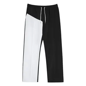 Black and white asymmetric color-block men's straight-leg casual pants