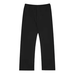 Detail view of black straight-leg casual pants featuring a comfortable elastic waistband