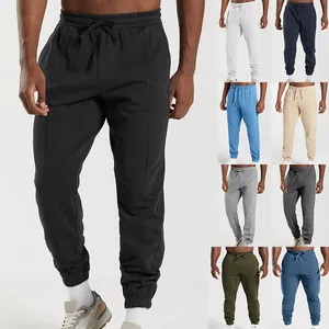 Detailed view of men's casual drawstring knit joggers showing various color options