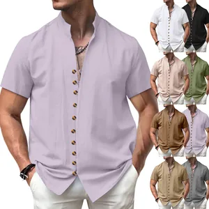 Showcase of men's retro linen short-sleeved shirts featuring stand collar in multiple colors