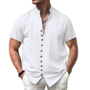Close-up view of a men's white linen short sleeve shirt featuring vintage button details