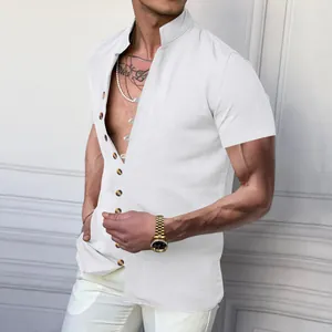 Close-up detail of white men's vintage linen shirt featuring a stand collar and buttons
