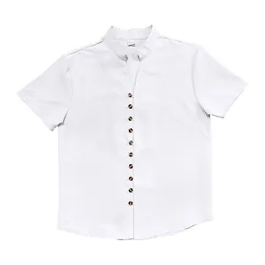 Detailed view of a men's white linen short sleeve shirt with vintage stand collar
