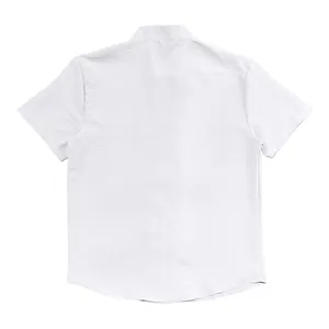 Back view of a white retro men's linen short sleeve shirt with a stand collar