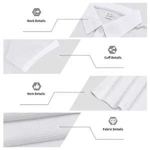 Detalle de polo blanco de punto gofrado para hombre: cuello, puños y textura de tela