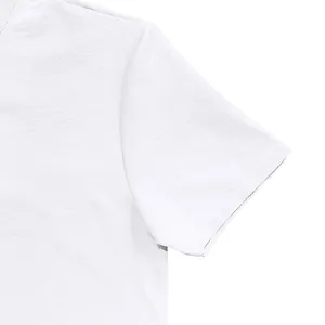 Detailed close-up showing the breathable white linen fabric of a men's short sleeve shirt