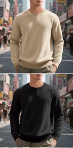 Casual men's waffle knit long sleeve crew neck sweater in beige and black colors