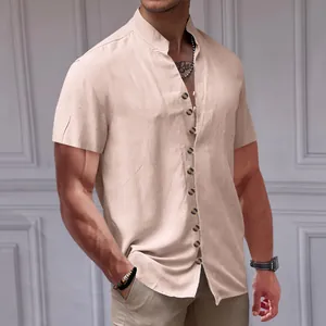 Detail view of men's linen short sleeve shirt with vintage stand collar and button accents.