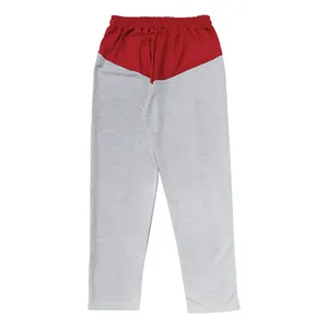 Detailed view of two-tone men's loose joggers featuring a red waist and grey straight legs