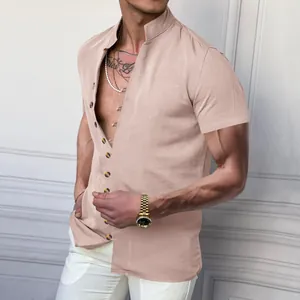 Detailed view of a men's vintage linen shirt featuring a stand collar and button-down style