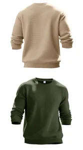 Close-up detail of waffle knit texture on khaki and green men's long sleeve sweaters