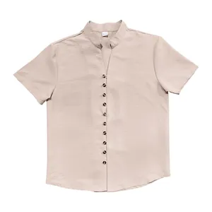 Front view of men's beige linen short sleeve shirt with stand collar and buttons.
