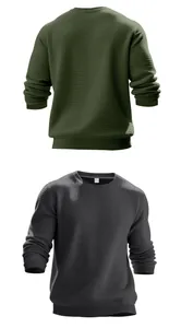 Detailed views of men's crew neck waffle knit sweaters in army green and dark gray.