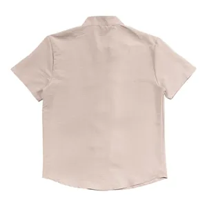 Detailed back view of a men's vintage linen stand collar short sleeve shirt beige