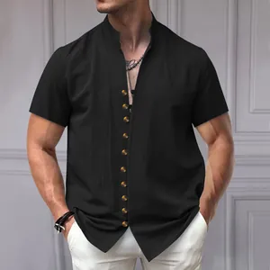 Detailed view of a mens black vintage linen shirt featuring a stylish stand collar and buttons