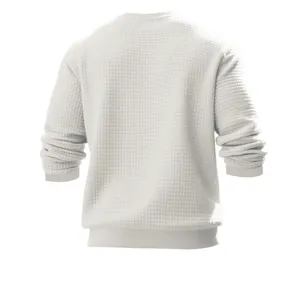 Detailed back view of a men's casual white waffle knit long-sleeved crew neck sweater