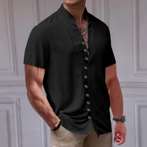 Detailed view of a men's black linen shirt featuring a stand collar and retro button design