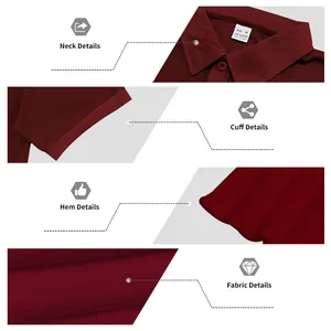 Vistas detalladas de cuello, puños y textura de polo para hombre en color granate con tejido gofré