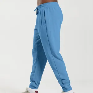 Detail side view of men's light blue athletic joggers showing the loose fit and cuffed hems