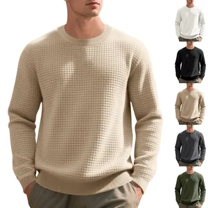 Men's Waffle Knit Long Sleeve Top Casual Crew Neck Polyester Pullover Basic Solid Color Relaxed Fit Spring Autumn Men Clothing