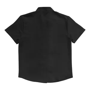 Back view of a black men's short sleeve linen shirt with a classic stand collar design.