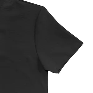 Macro view showing the detailed fabric texture and sleeve seam of this black linen-blend shirt