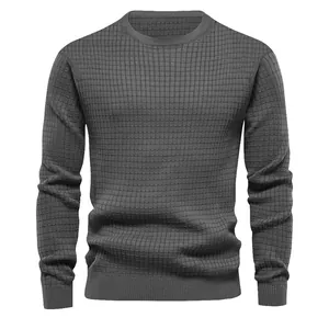 Classic men's dark grey waffle knit round neck long sleeve casual lightweight sweater