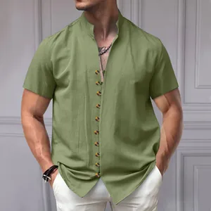 Mens retro linen short sleeve shirt with stand collar and multiple buttons detail