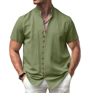 Detailed view of men's olive green linen-style shirt with stand collar and buttons