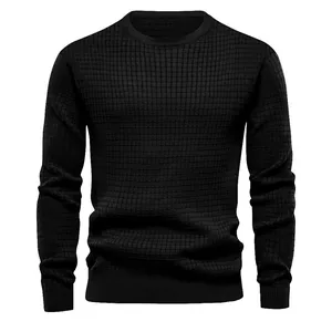 Men's classic black waffle knit sweater with a crew neck and casual long sleeves