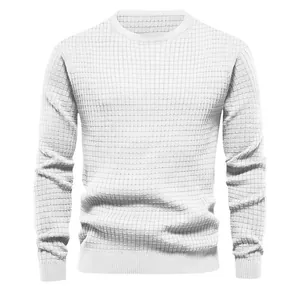 Men's premium white long-sleeve knit sweater with waffle texture and crew neck design