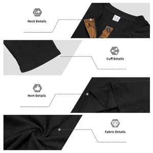 Vista detallada del cuello y textura de la tela de la camiseta Henley negra acanalada.