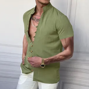 Close-up of a men's vintage linen short sleeve shirt with a stand collar in olive green.