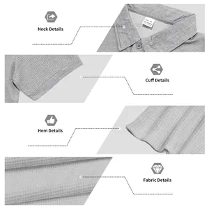 Detalles del polo gris de punto gofrado para hombre: cuello, puño, dobladillo y tejido