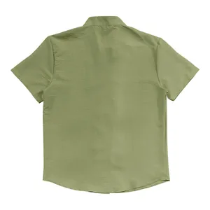 Detailed back view of a men's sage green vintage linen short sleeve shirt with mandarin collar