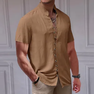 Close-up of men's retro linen short-sleeved shirt featuring stand collar and decorative buttons