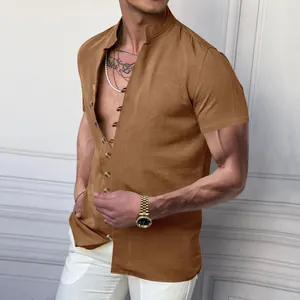 Men's retro caramel linen short sleeve shirt featuring stand collar and buttons