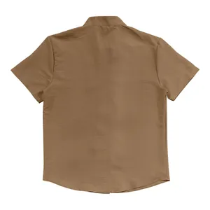 Back view of a men's vintage brown linen shirt featuring a stand collar and short sleeves.