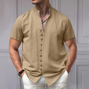 Detail view of retro linen stand collar shirt with button accents in khaki color