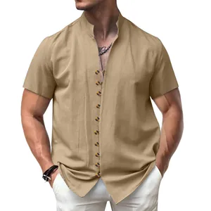 Detail shot of a men's vintage linen shirt with a stand collar and button-down front.